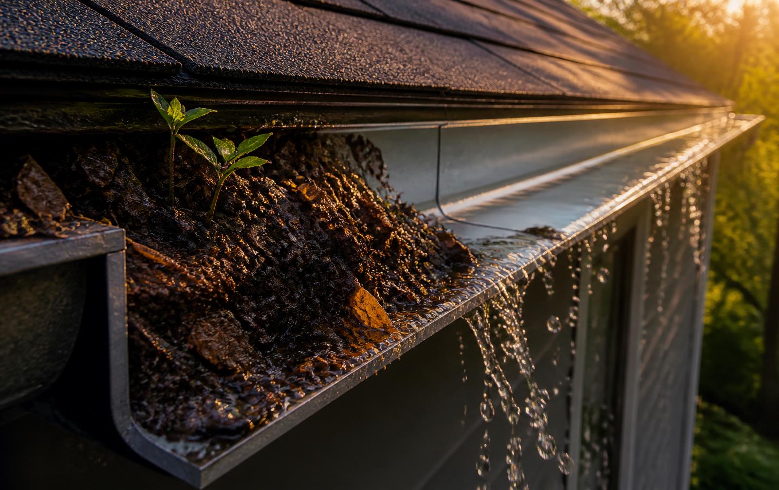 Gutter choked with sludge at one end and flowing clear at the other