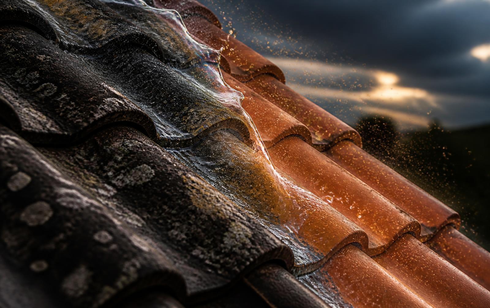 Roof tiles being chemically treated, moss dissolving away